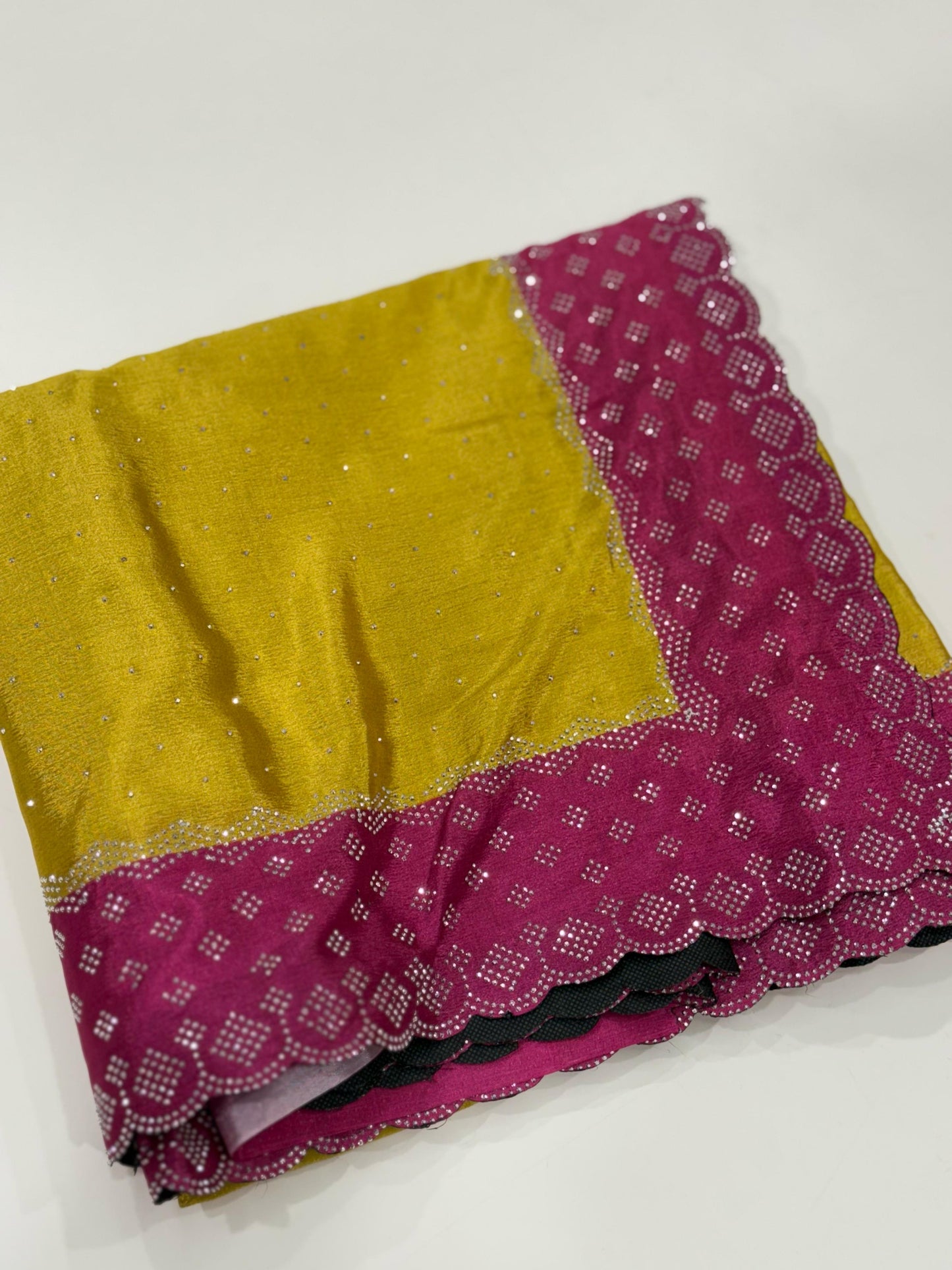 Mustard Poly Chiffon Diamond Swaroski Work Saree by My Store
