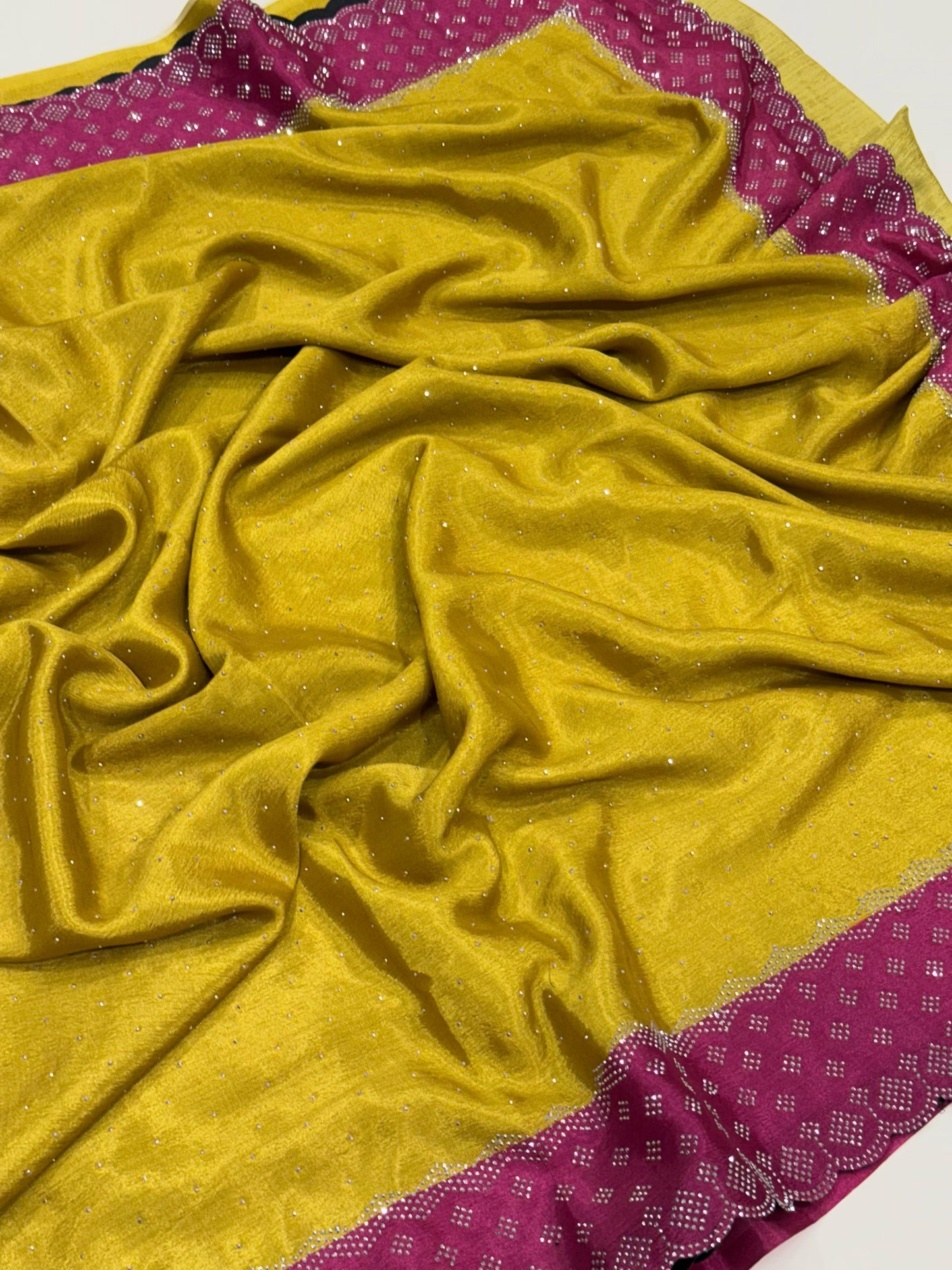 Mustard Poly Chiffon Diamond Swaroski Work Saree by My Store