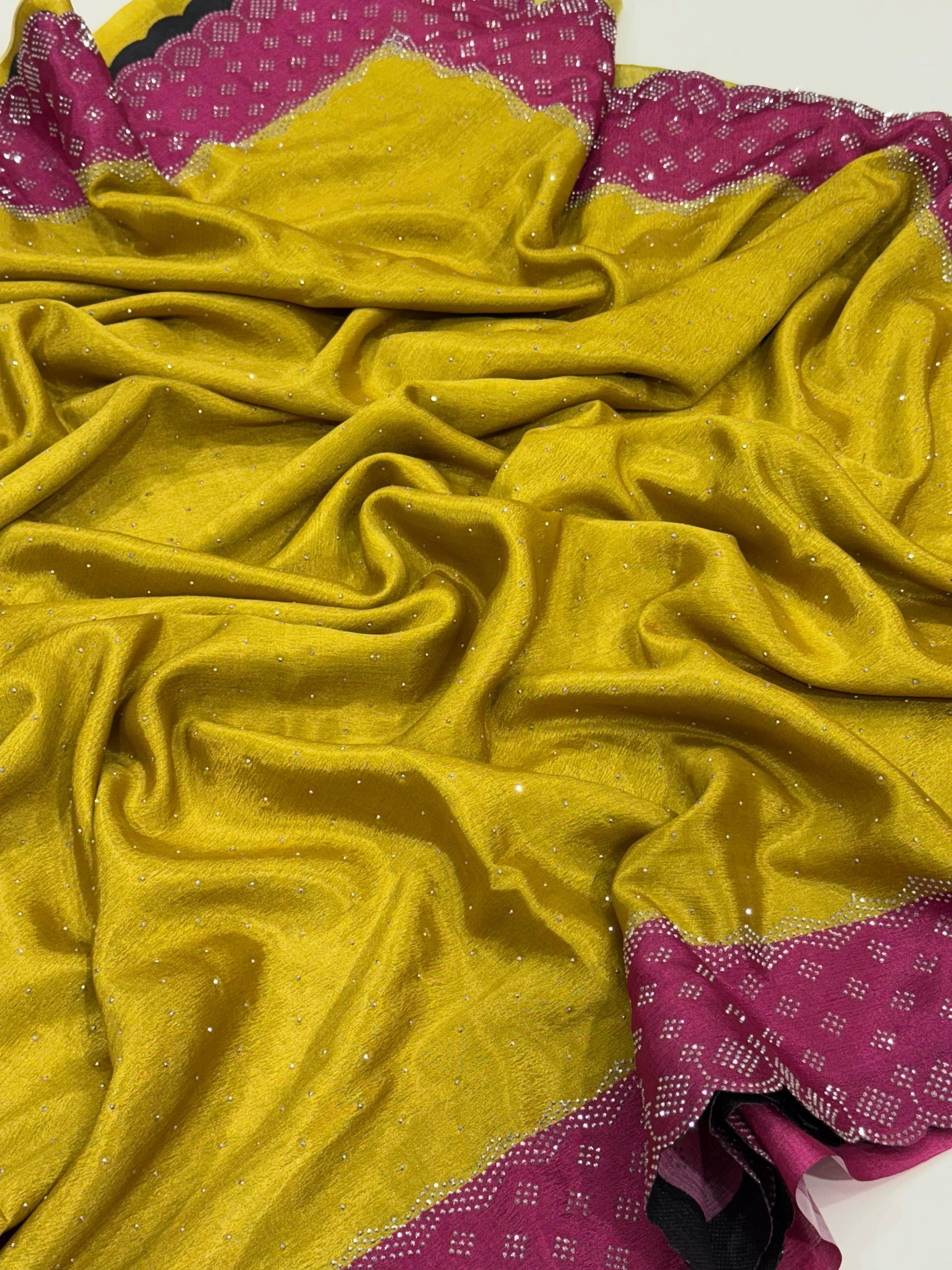 Mustard Poly Chiffon Diamond Swaroski Work Saree by My Store