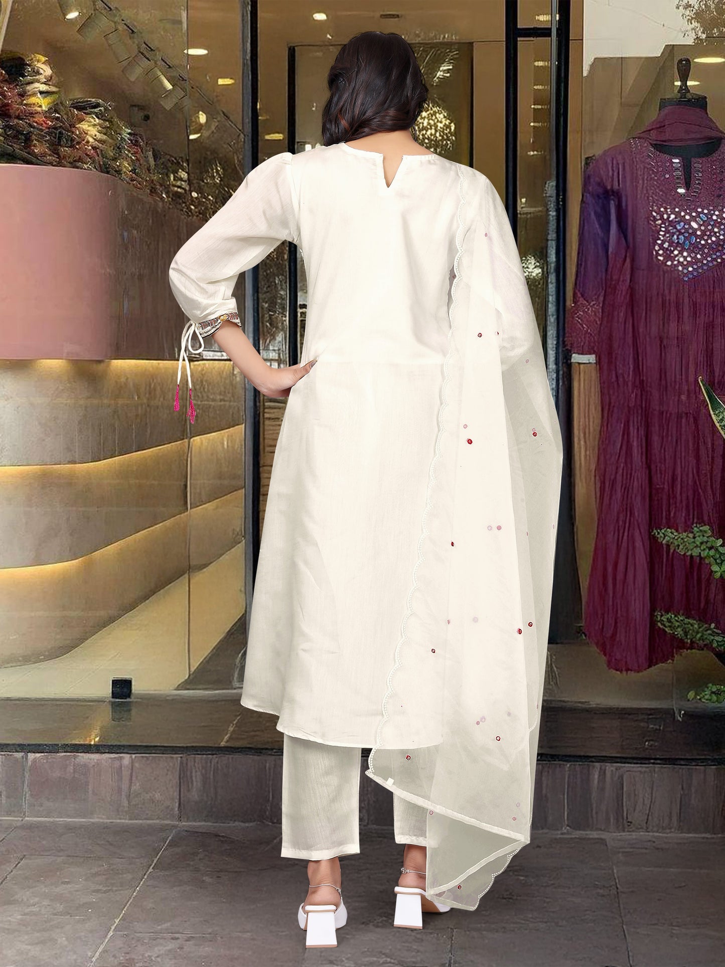 Exquisite Off-White Embroidered Kurta Set with Sheer Dupatta