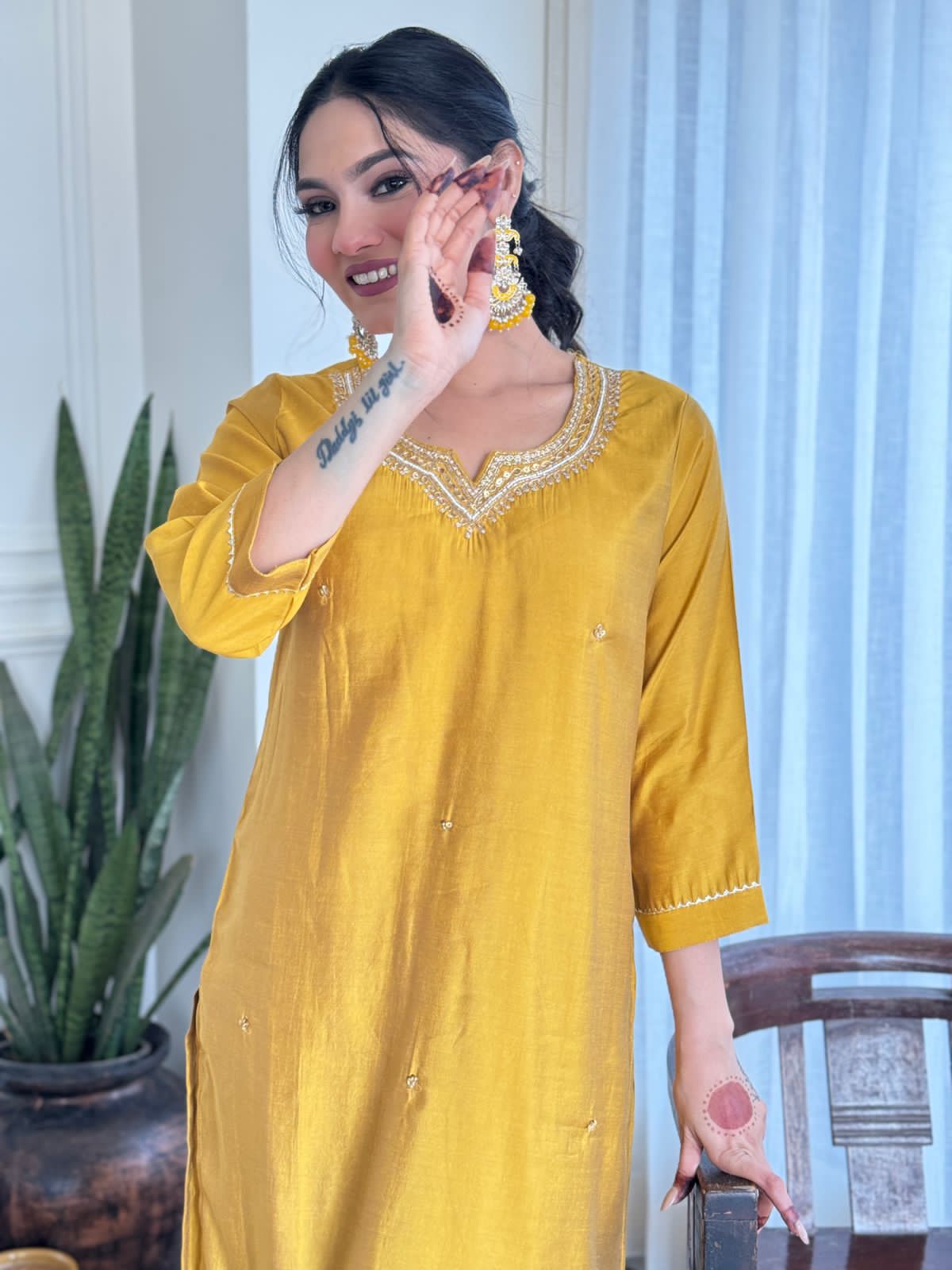 Silk Embroidered Yellow Kurta Set