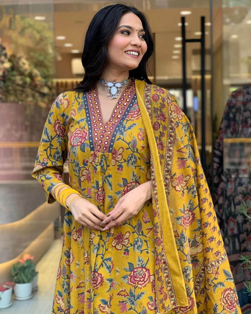 Elegant Yellow Floral Anarkali Kurta Set with Dupatta