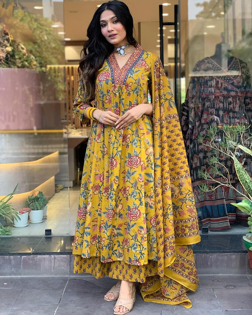 Elegant Yellow Floral Anarkali Kurta Set with Dupatta
