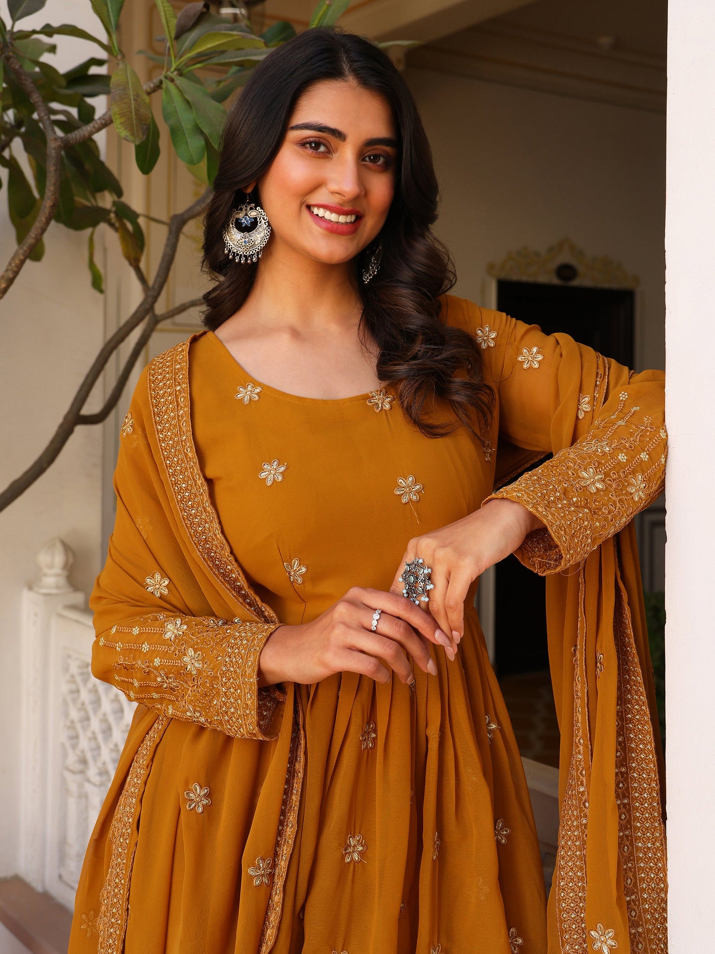 Party Wear Embroidered Yellow Gown Set