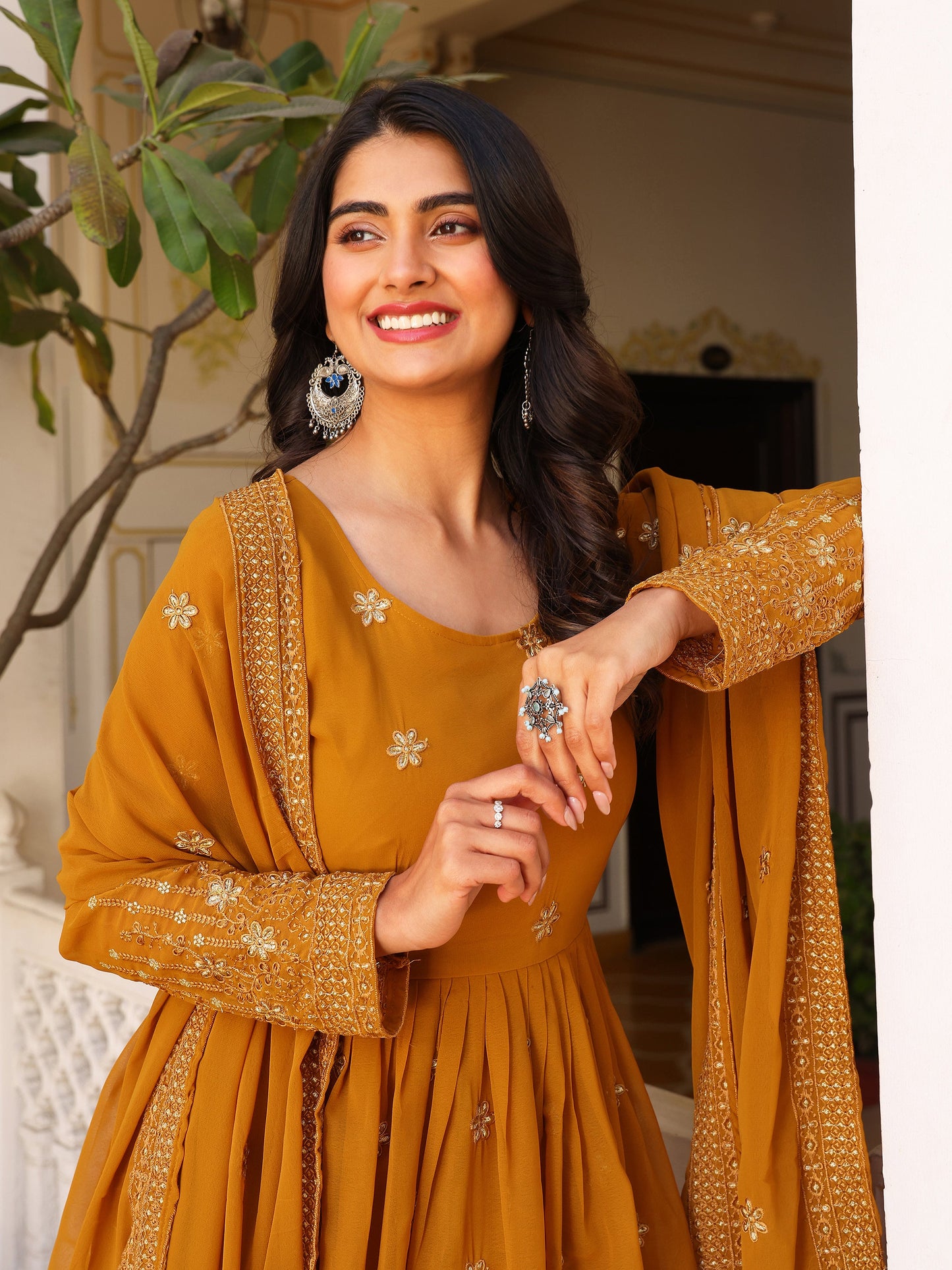 Party Wear Embroidered Yellow Gown Set
