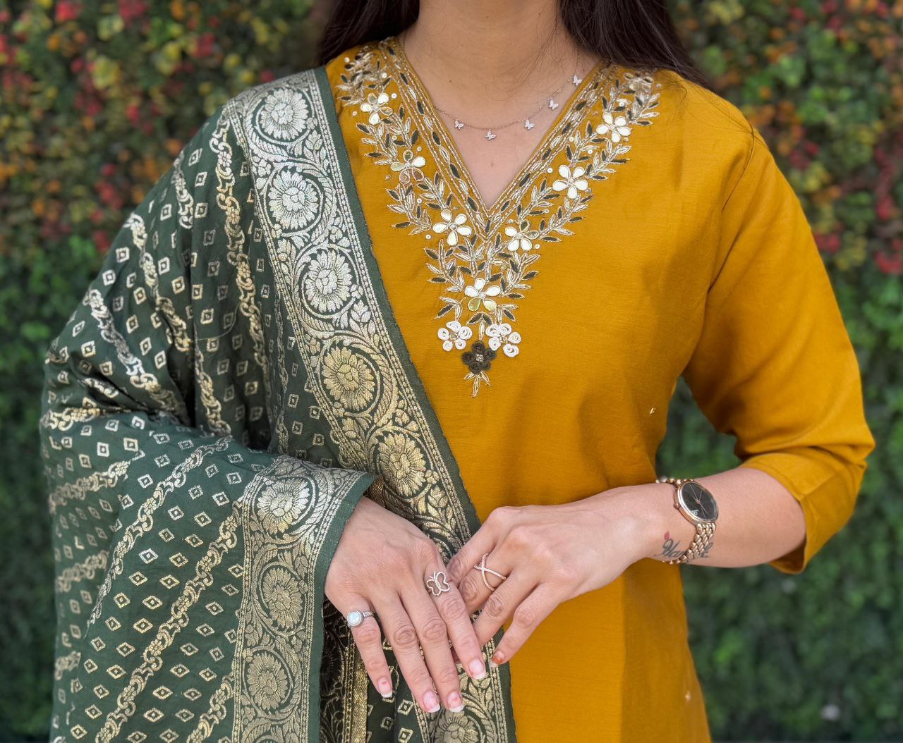 Yellow Kurti Set with Green Dupatta – Elegant Traditional Outfit for Women