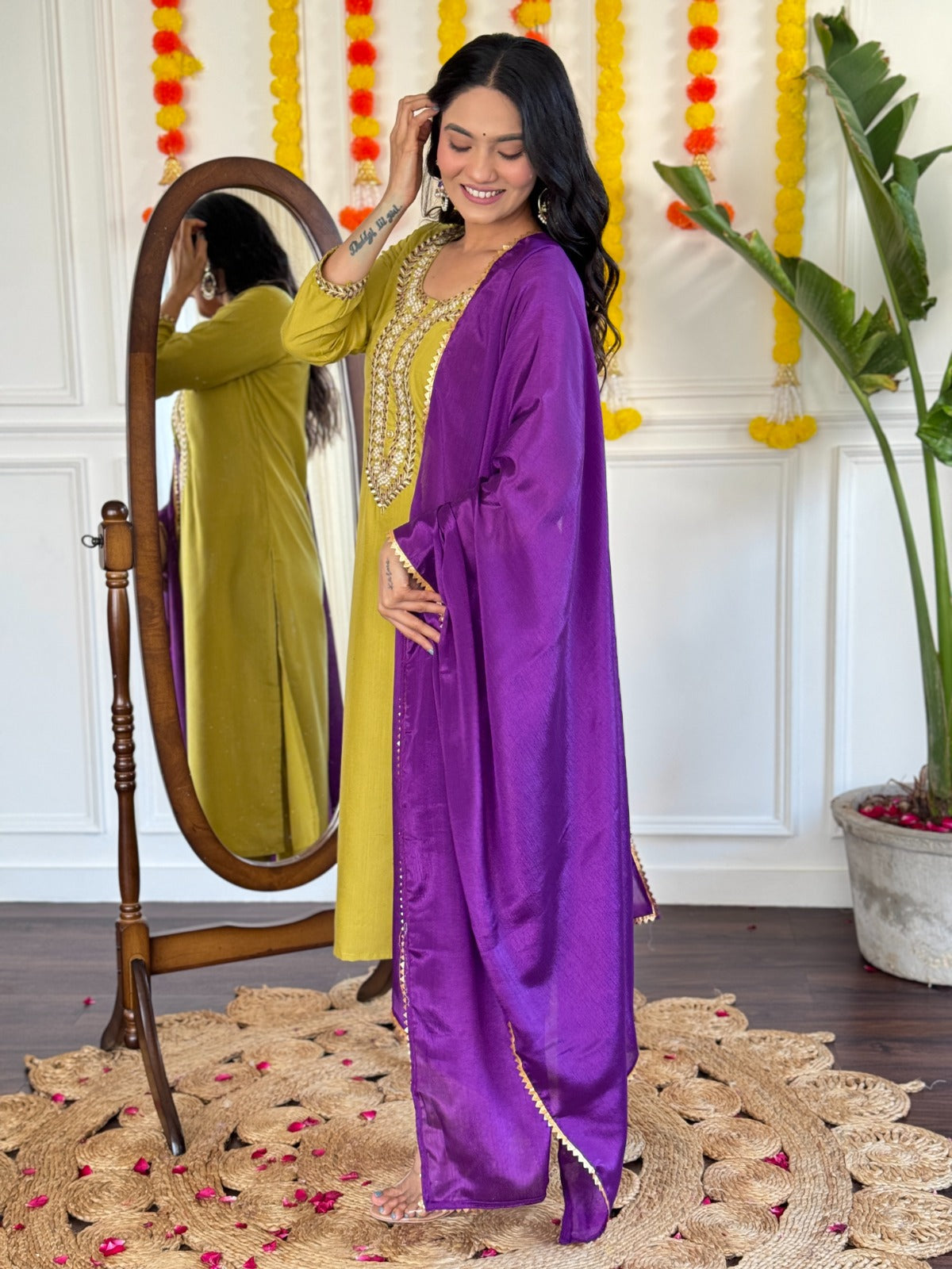 Vibrant Yellow Kurta Set with Purple Dupatta