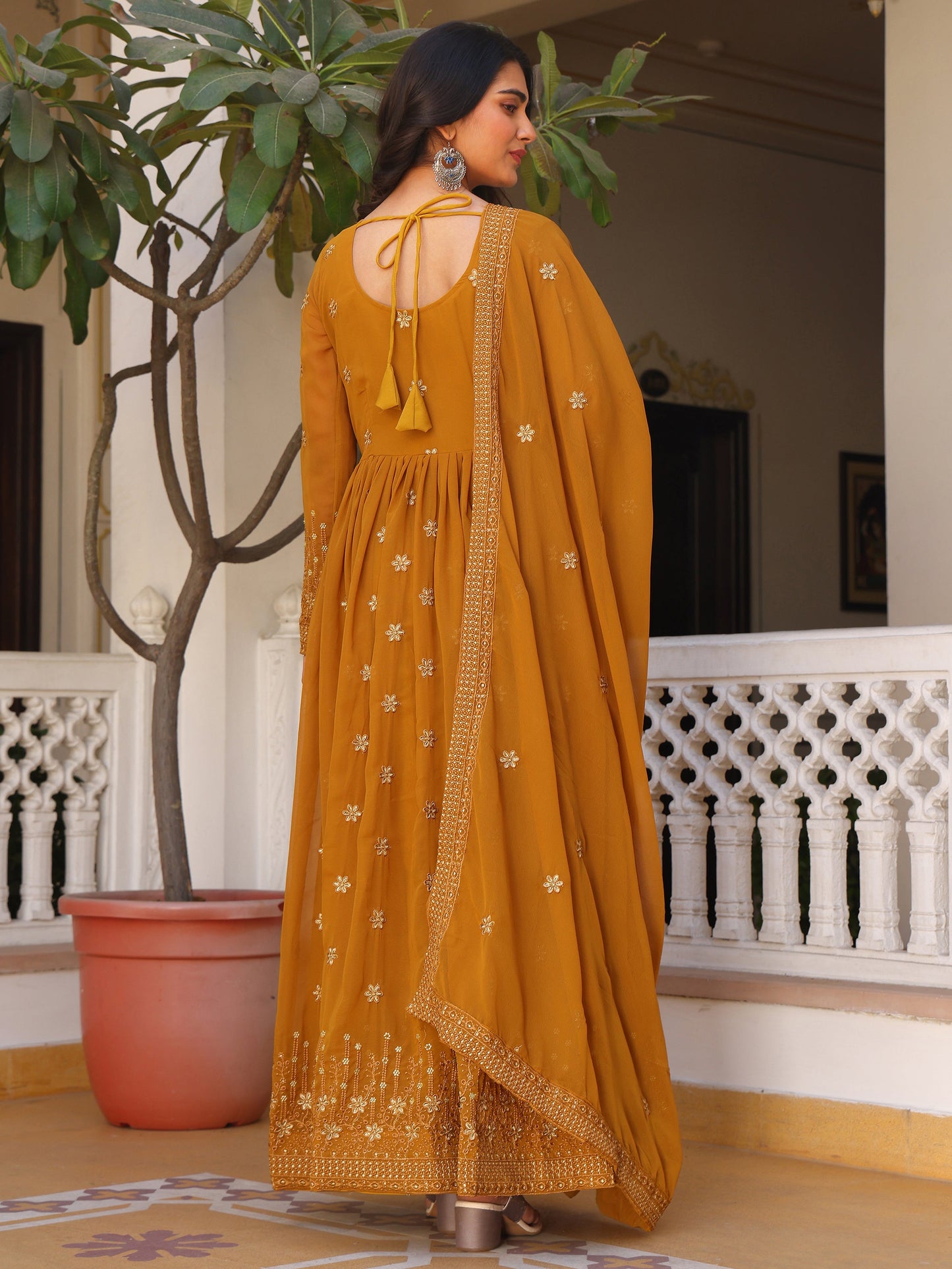 Party Wear Embroidered Yellow Gown Set
