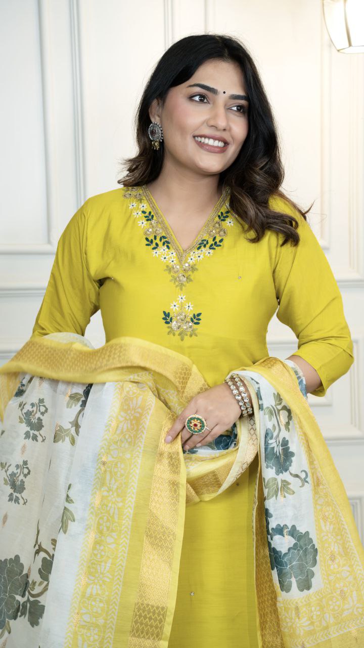 Bright Yellow Kurta Set with Printed Dupatta