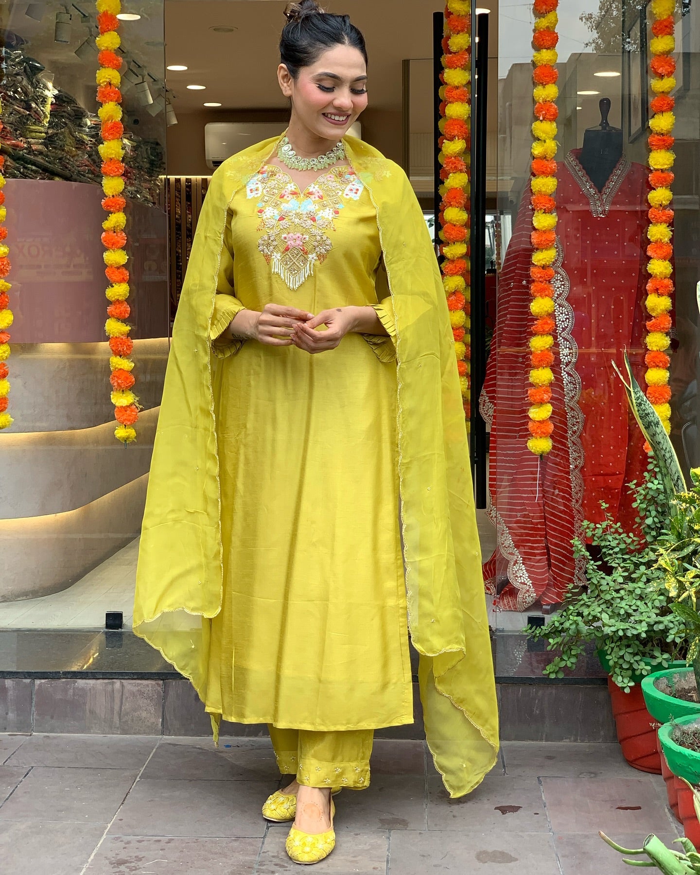 Elegant Yellow Silk Suit with Embroidered Neckline and Dupatta – Festive Ethnic Wear