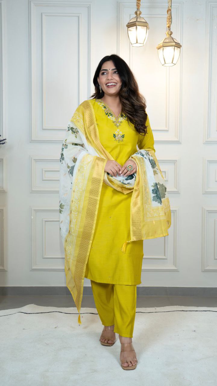 Bright Yellow Kurta Set with Printed Dupatta