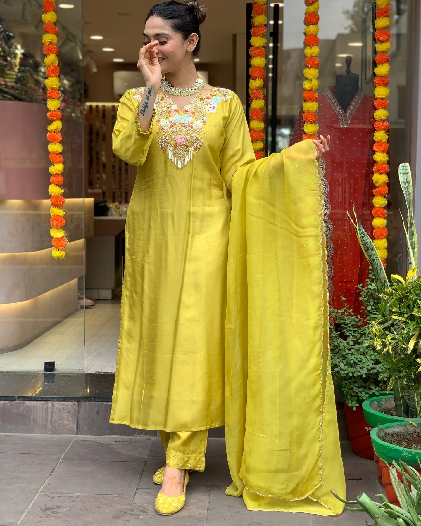 Elegant Yellow Silk Suit with Embroidered Neckline and Dupatta – Festive Ethnic Wear