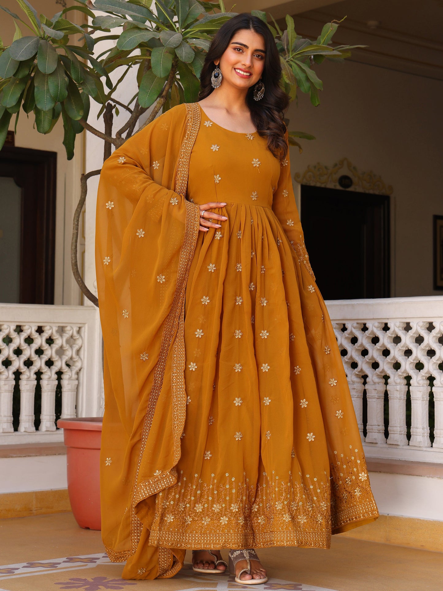 Party Wear Embroidered Yellow Gown Set