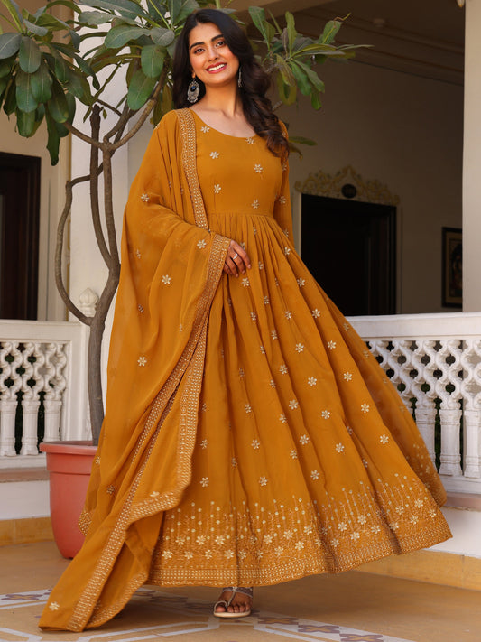 Party Wear Embroidered Yellow Gown Set