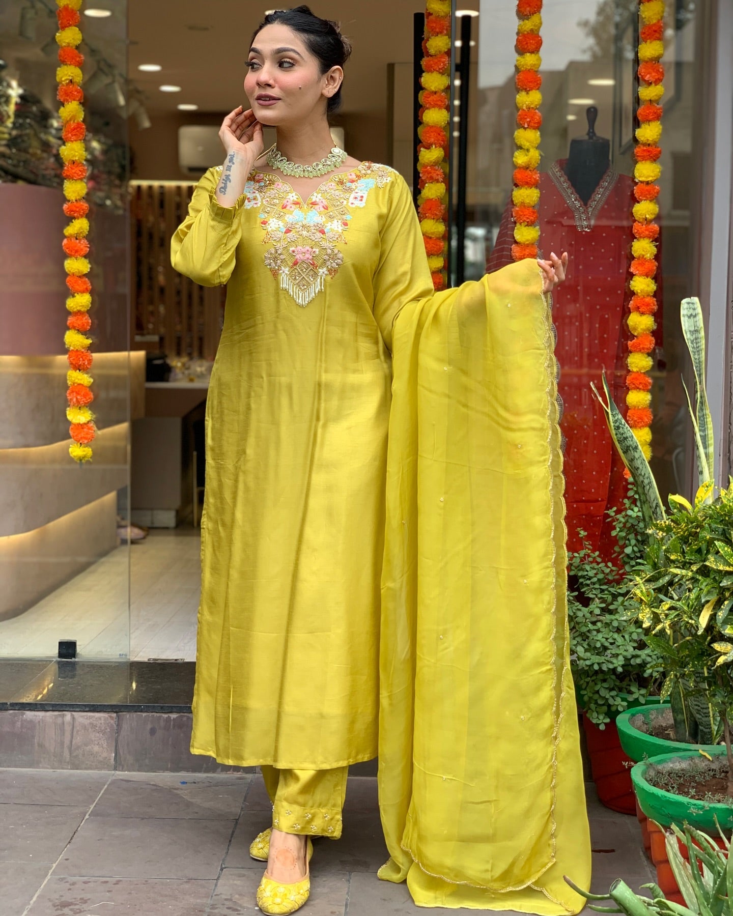 Elegant Yellow Silk Suit with Embroidered Neckline and Dupatta – Festive Ethnic Wear