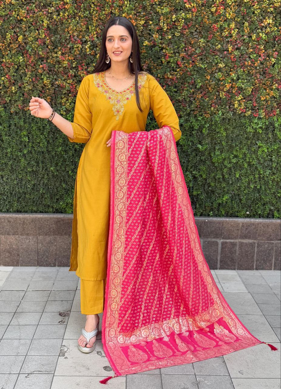 Trendy Yellow Kurta Set with Pink Dupatta – Comfortable & Chic Ethnic Look