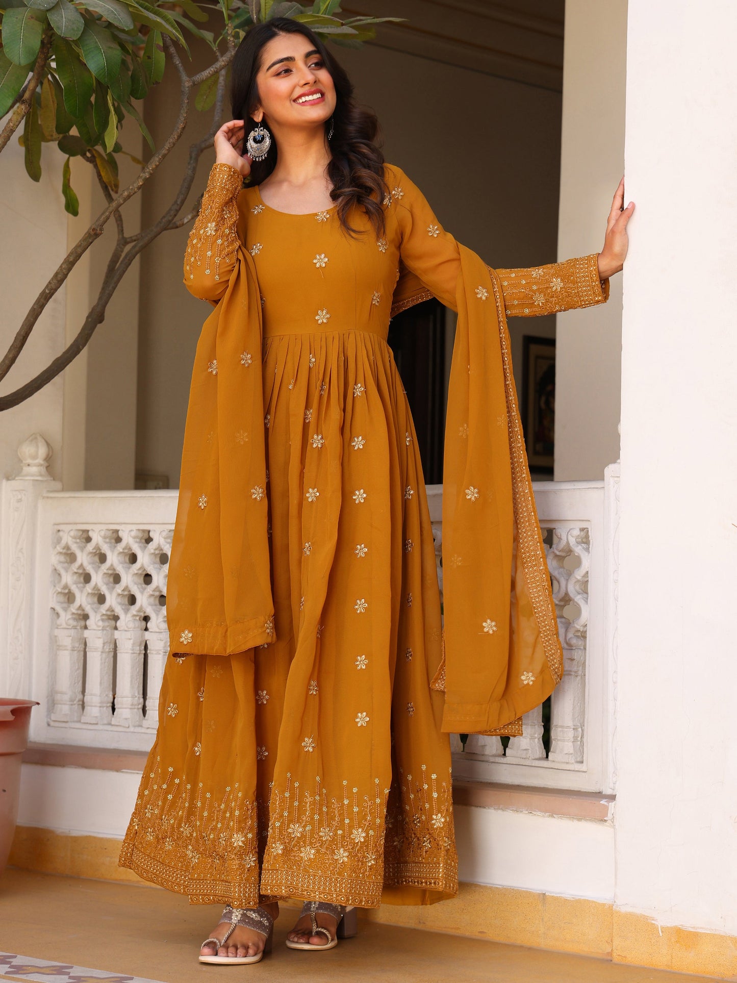 Party Wear Embroidered Yellow Gown Set