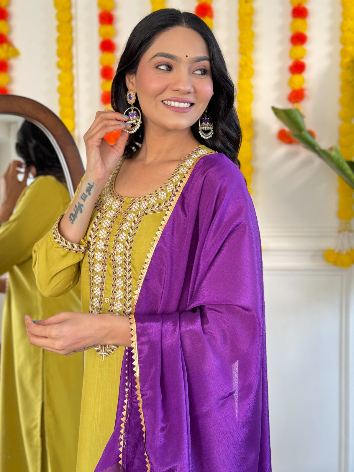 Vibrant Yellow Kurta Set with Purple Dupatta