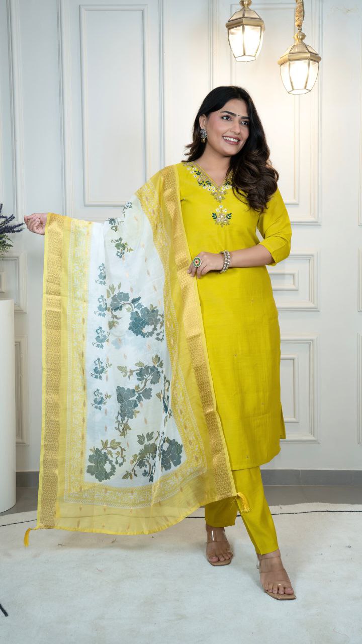 Bright Yellow Kurta Set with Printed Dupatta