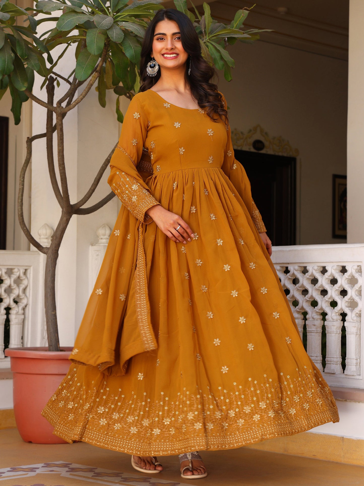 Party Wear Embroidered Yellow Gown Set