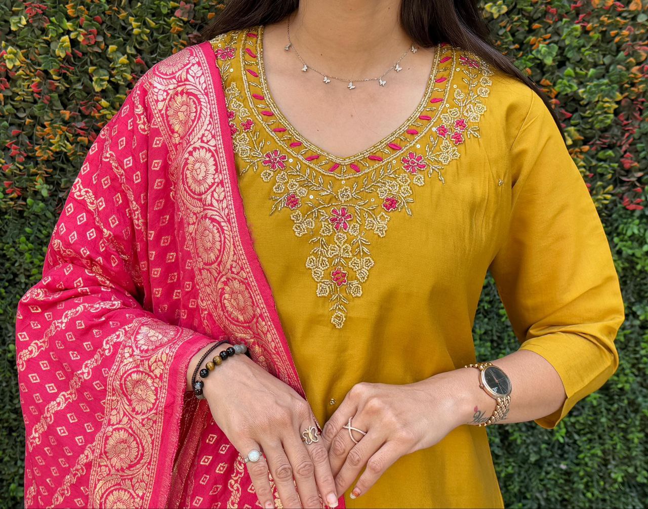 Trendy Yellow Kurta Set with Pink Dupatta – Comfortable & Chic Ethnic Look
