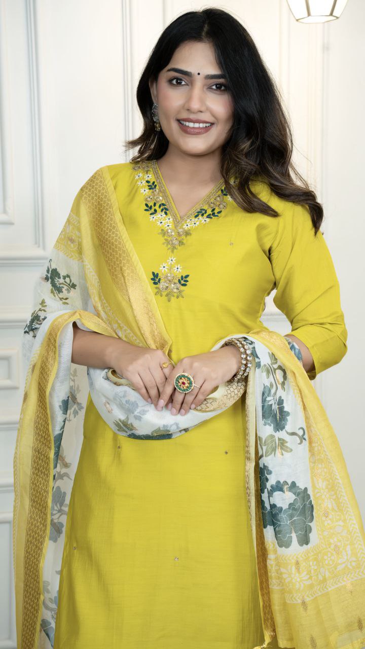 Bright Yellow Kurta Set with Printed Dupatta