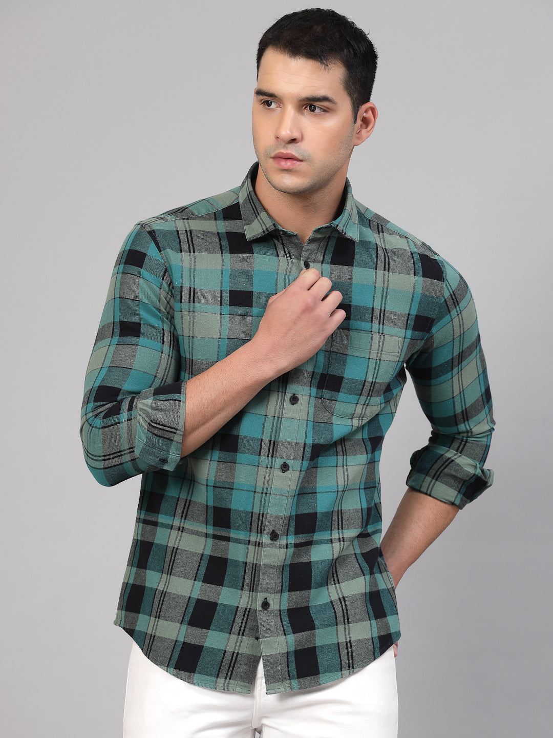 Uri Teal Checked Regular Fit Flannel Cotton Casual Shirt