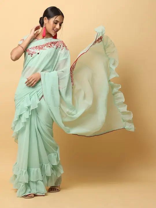 Soft Georgette Se Green Colour Ruffle Party Wear Saree by My Store