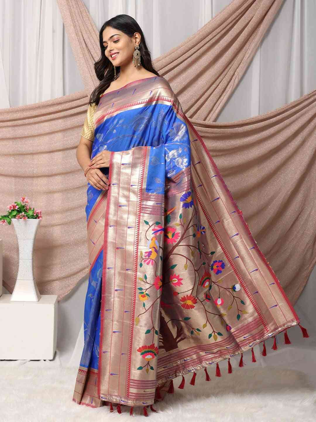 Silk Blend Woven Zari Work Paithani Saree In Blue Colour by My Store