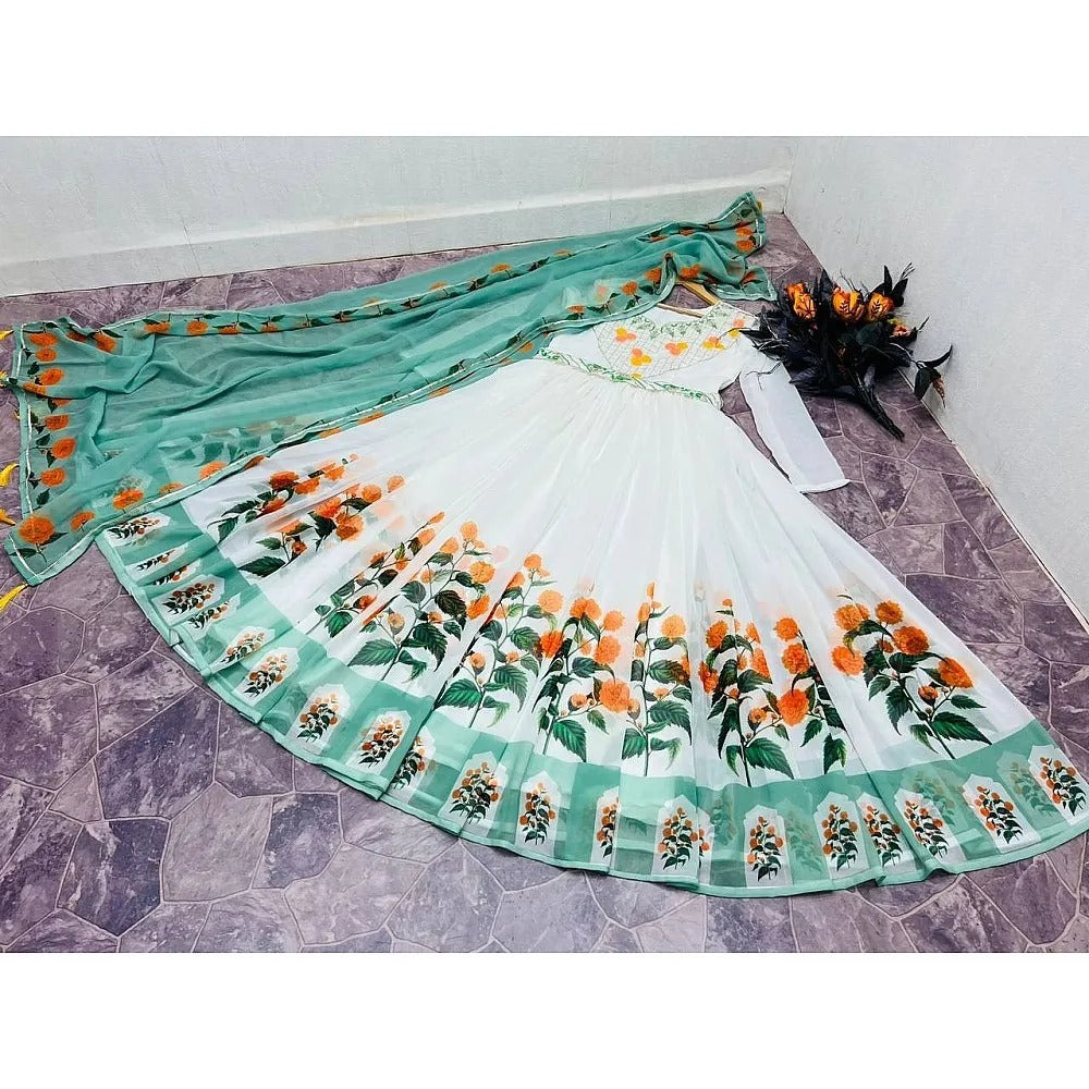 White Color Embroidery Work & Digital Printed Gown by My Store