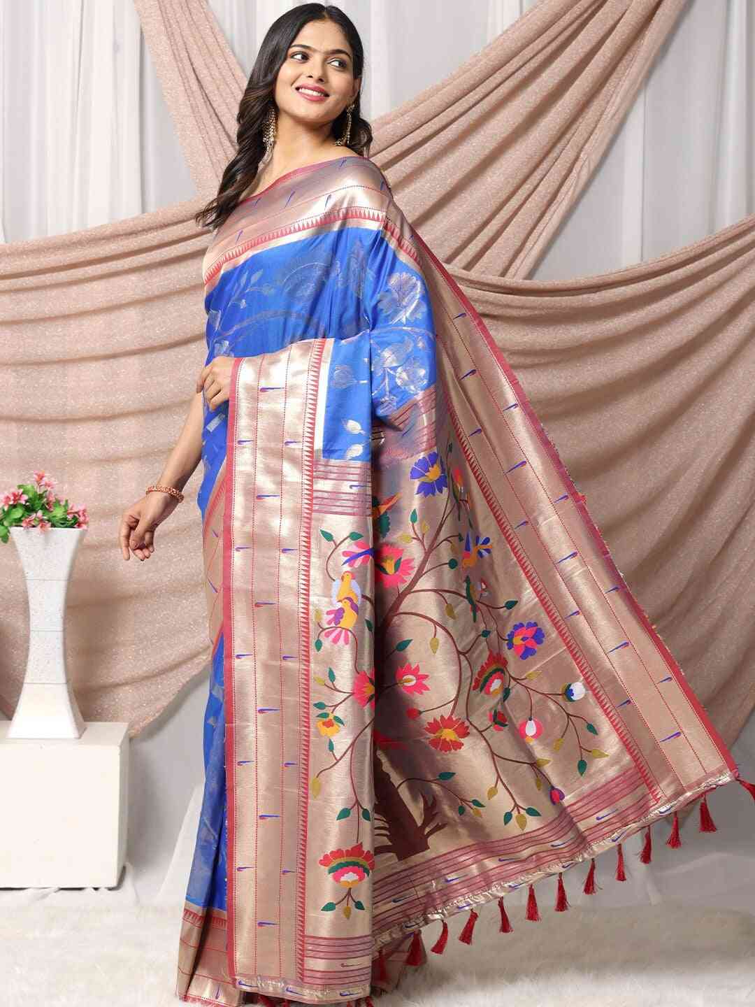 Silk Blend Woven Zari Work Paithani Saree In Blue Colour by My Store