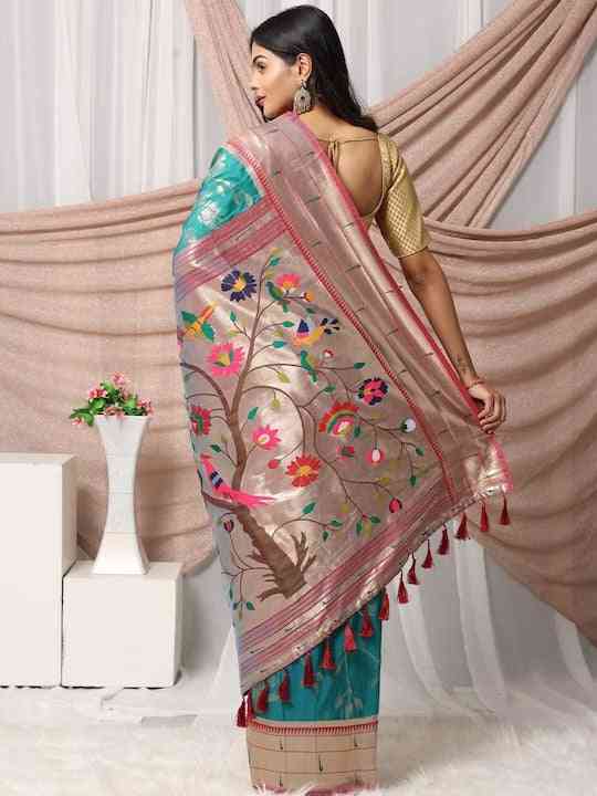 Silk Blend Woven Zari Work Paithani Saree In Rama Colour by My Store