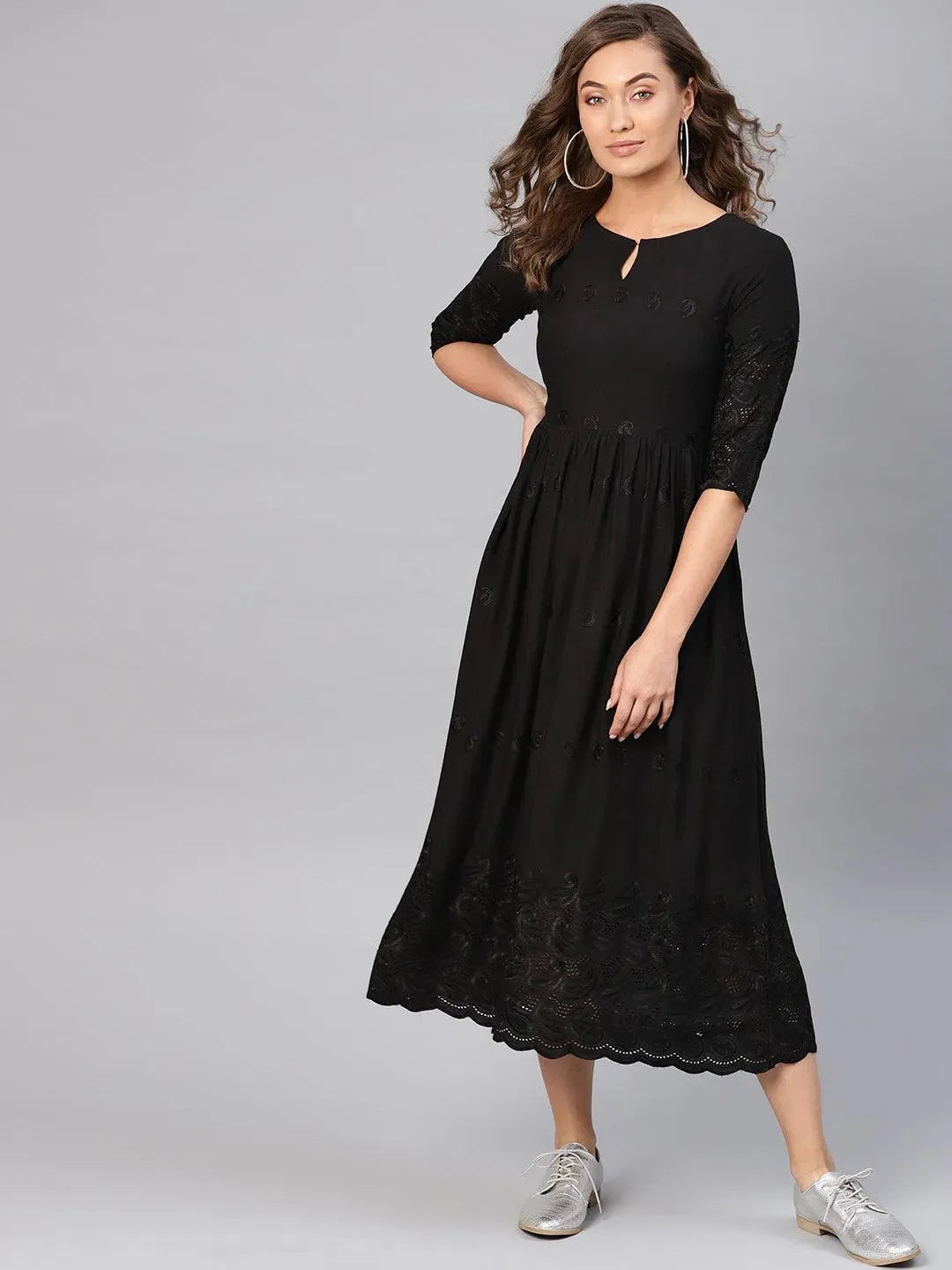 Black Schiffli Rayon Dress