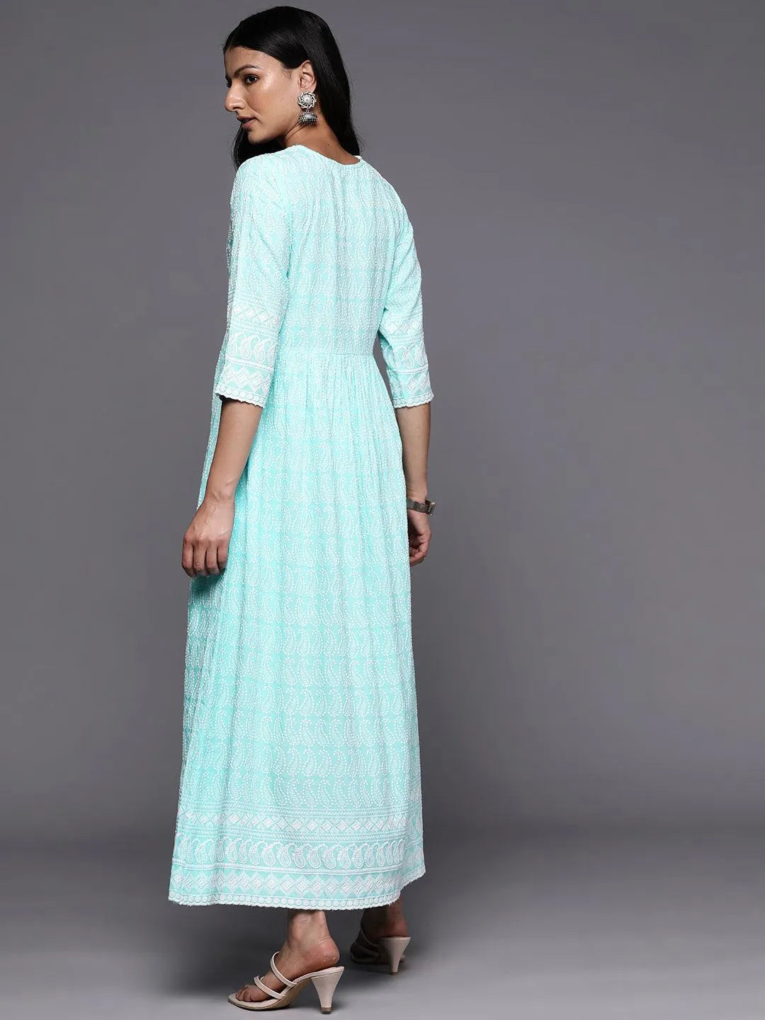 Blue Embroidered Rayon Fit and Flare Dress