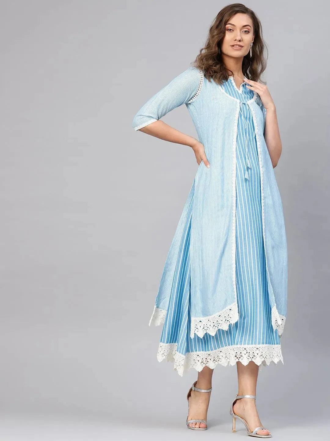 Blue Striped Cotton Dress With Jacket by My Store