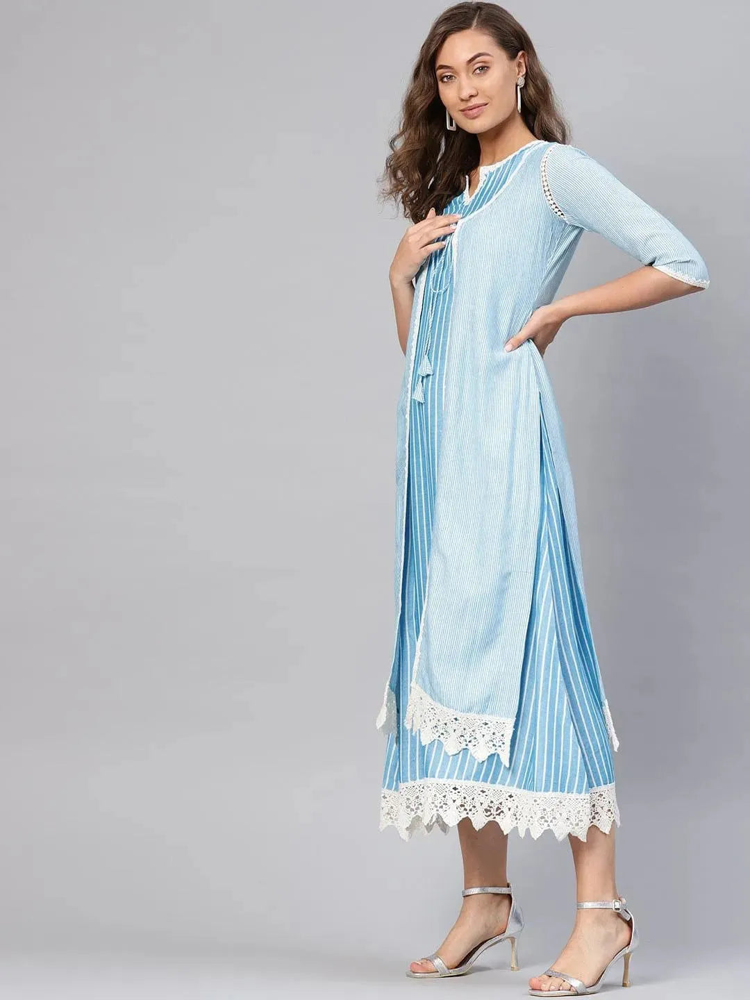 Blue Striped Cotton Dress With Jacket by My Store