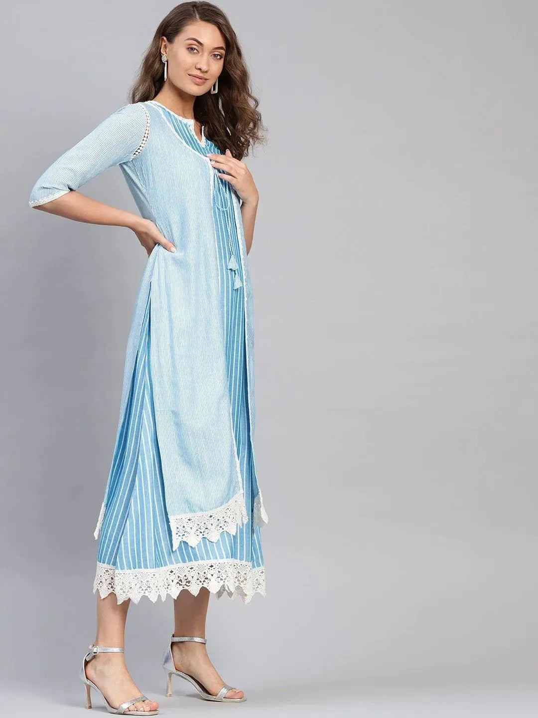 Blue Striped Cotton Dress With Jacket by My Store