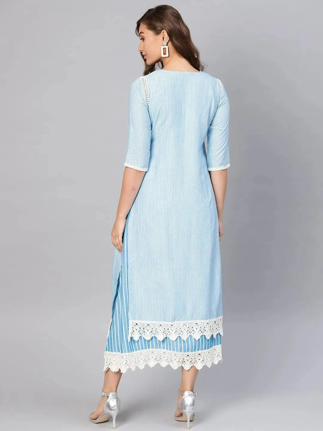Blue Striped Cotton Dress With Jacket by My Store