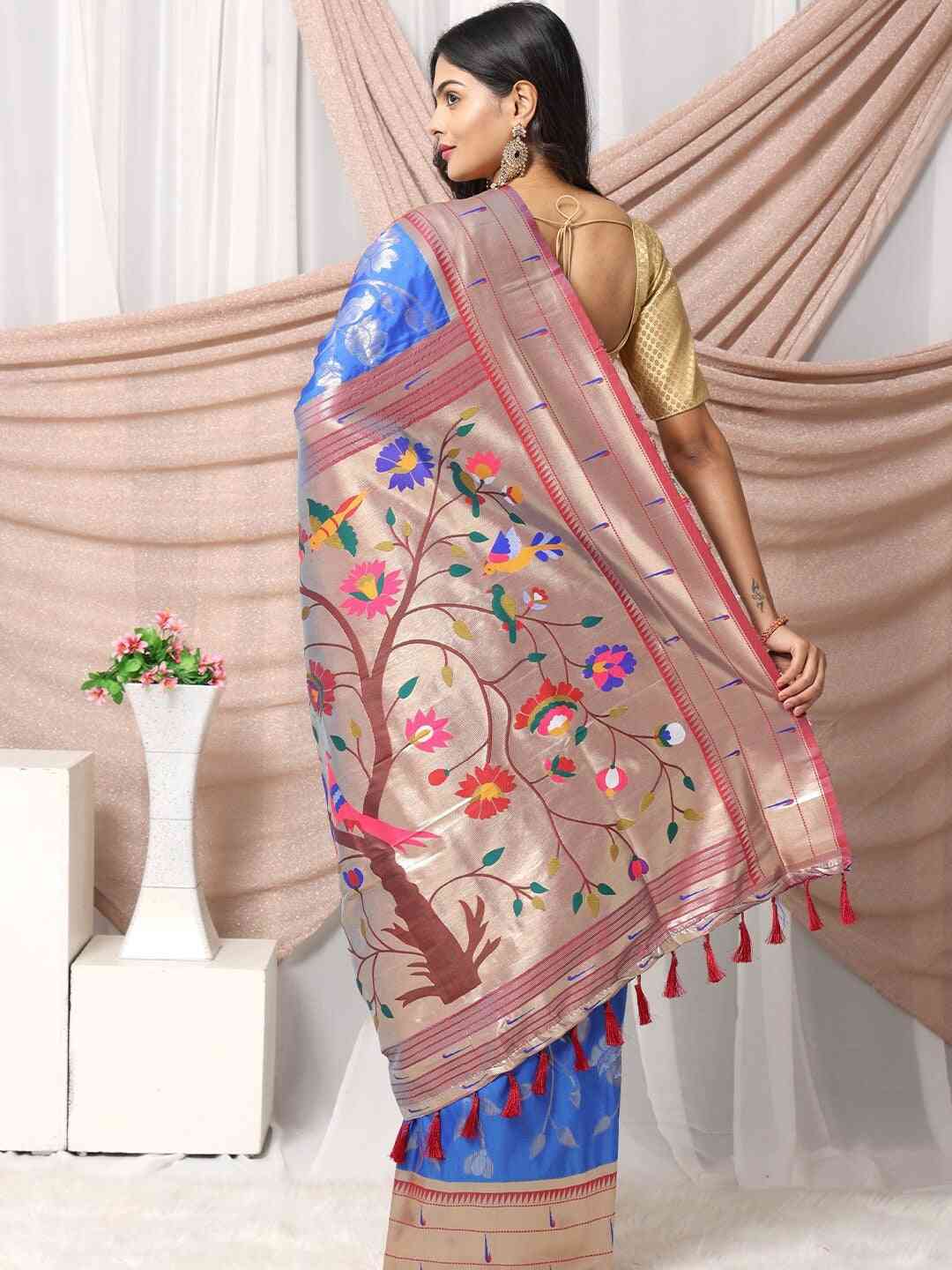 Silk Blend Woven Zari Work Paithani Saree In Blue Colour by My Store