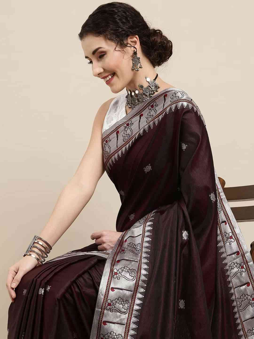 Brown Zari Silk Cotton Paithani Saree by My Store