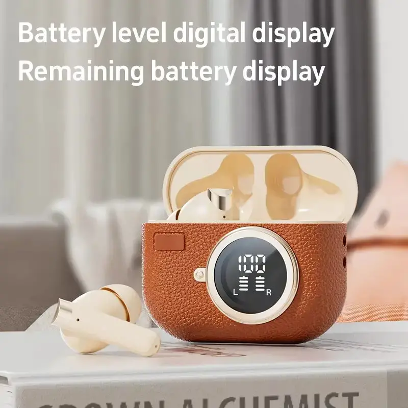 Earbuds M88 Retro Leather Camera Style Wireless Earbuds Noise Cancelling Earphones with True Stereo Surround Sound and Led Power Display - My Store