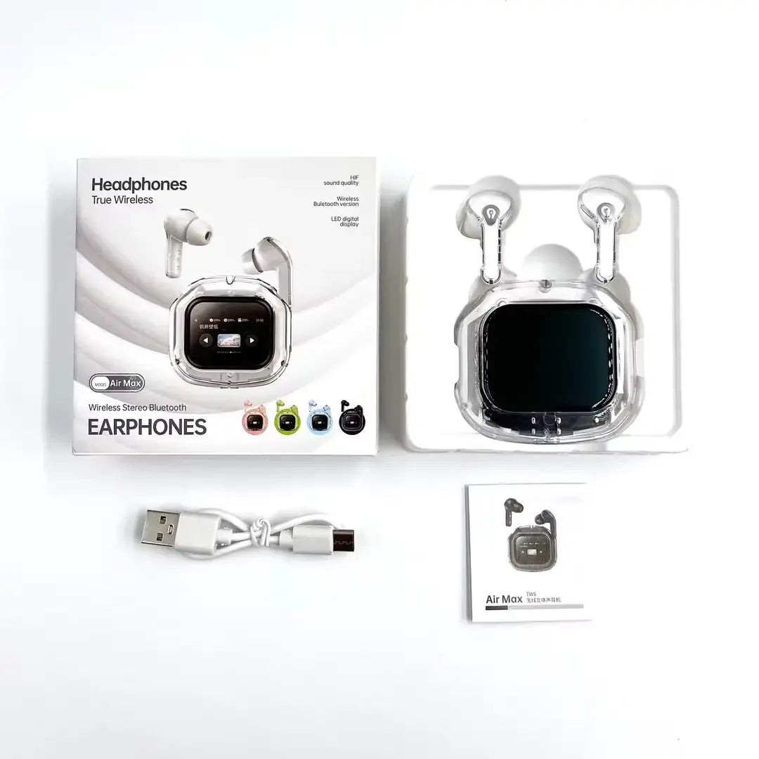 Earbuds Air Max Transparent Design Wireless Earphones LCD Full Color Touch Screen Earbuds Original CD Sound Quality, Comfortable to Wear - My Store