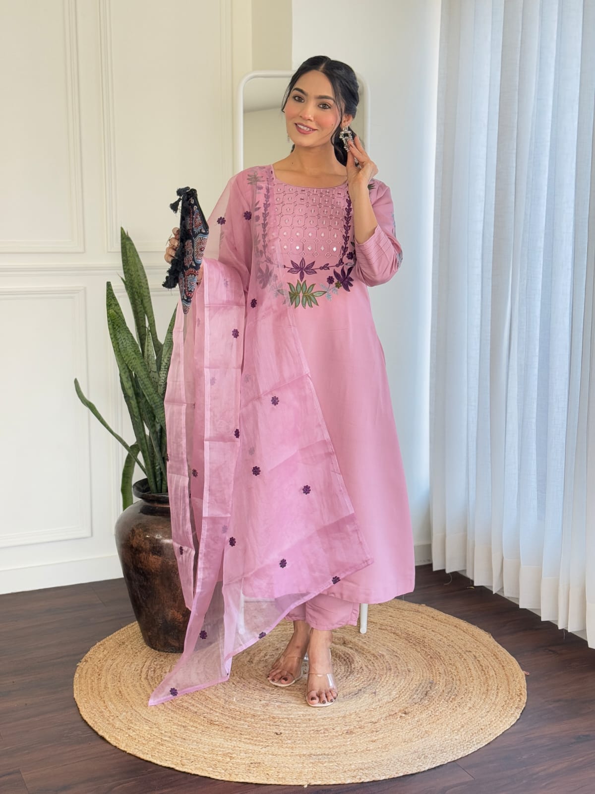 Charming Pink Embroidered Kurta Set with Sheer Dupatta