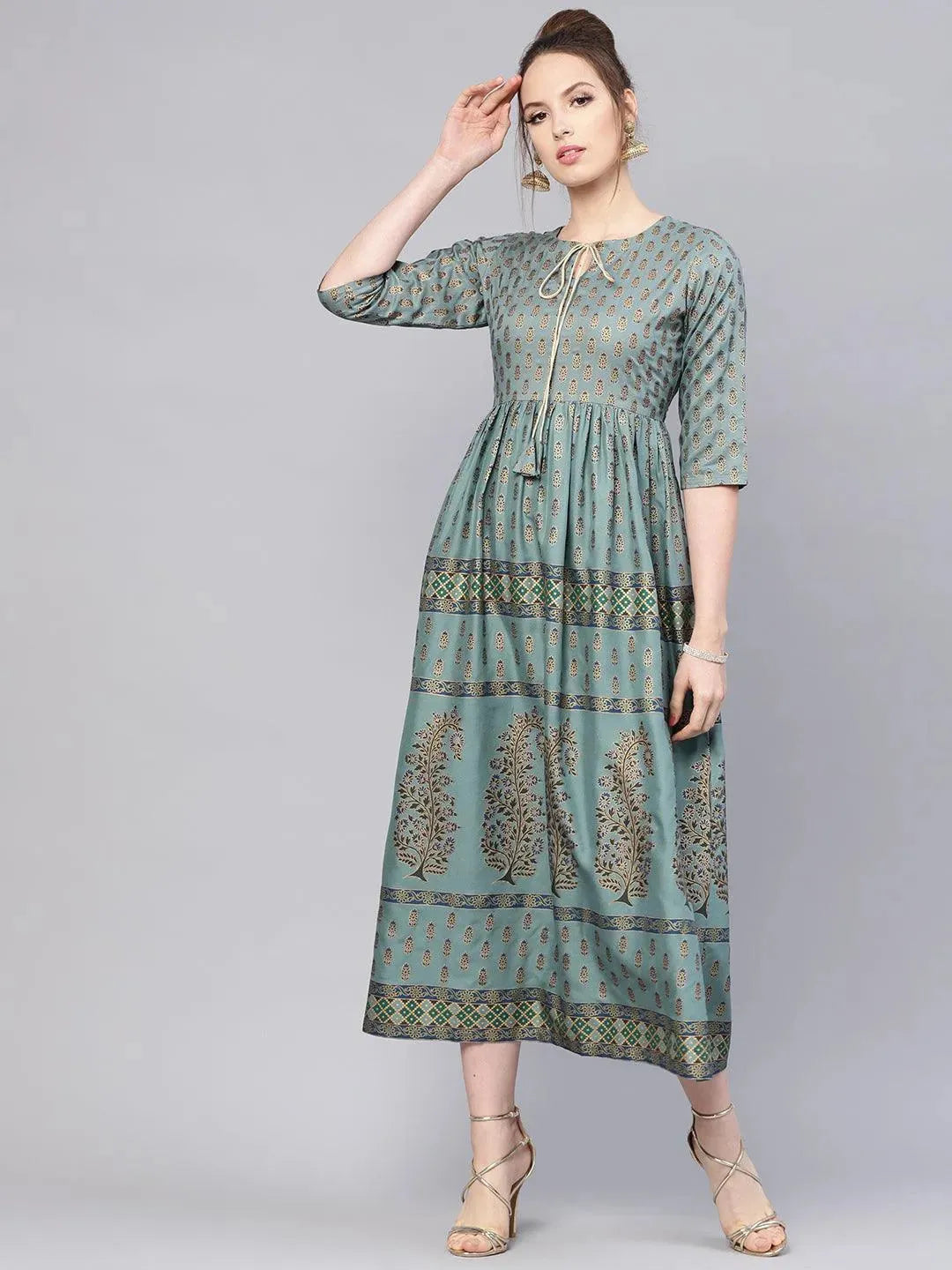 Green Printed Cotton Dress by My Store