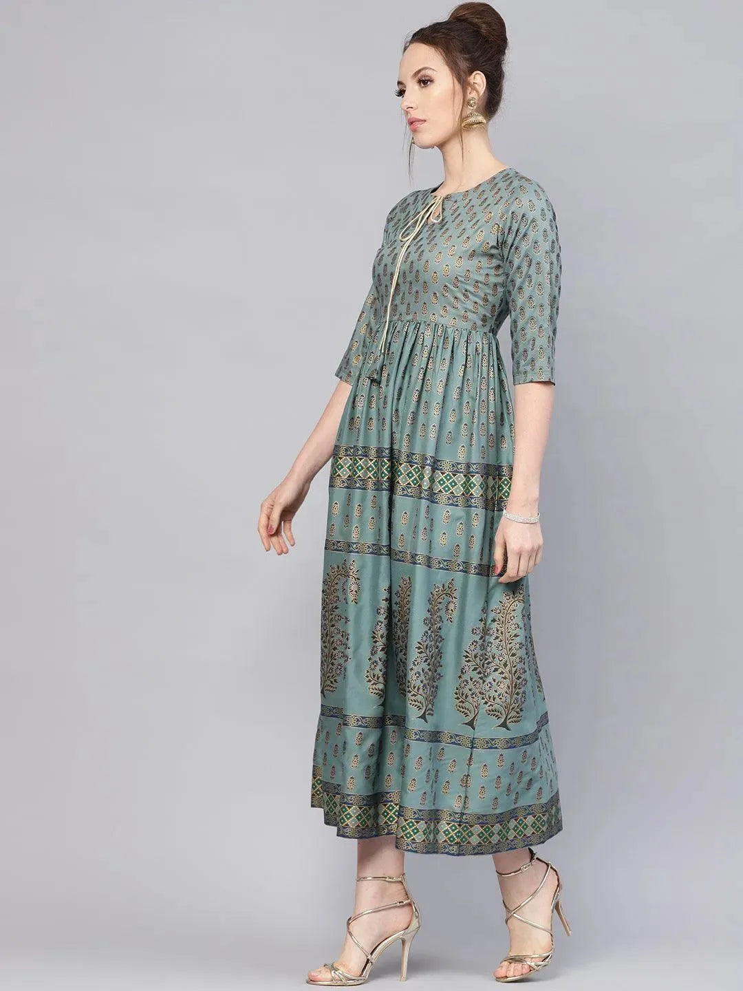 Green Printed Cotton Dress by My Store