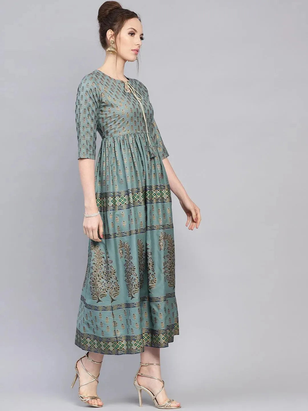 Green Printed Cotton Dress by My Store