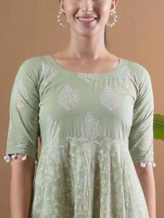 Green Printed Cotton Dress With Mask by My Store