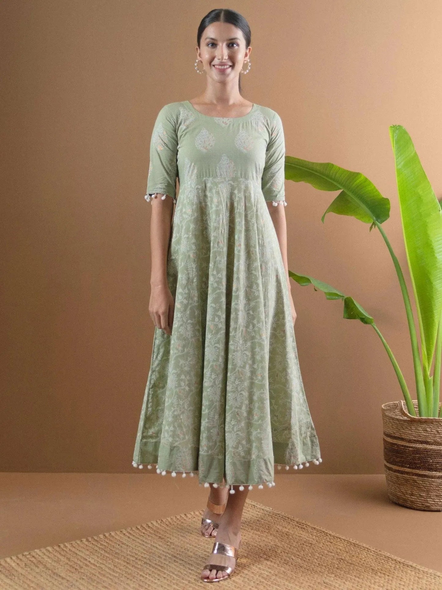 Green Printed Cotton Dress With Mask by My Store