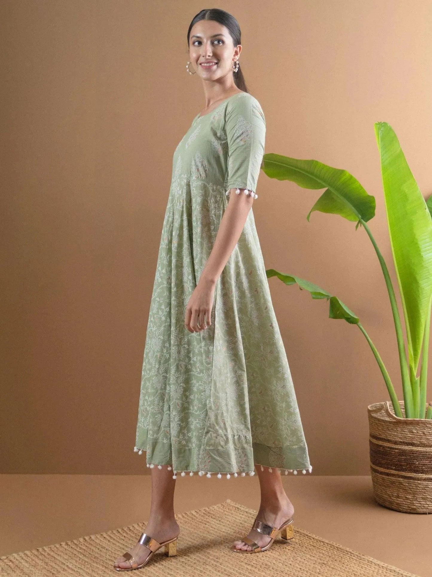 Green Printed Cotton Dress With Mask by My Store