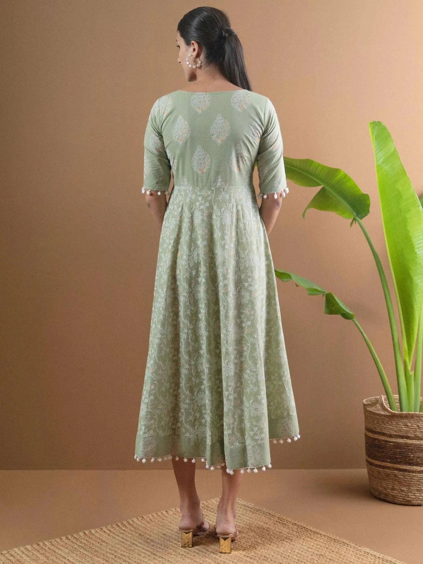Green Printed Cotton Dress With Mask by My Store
